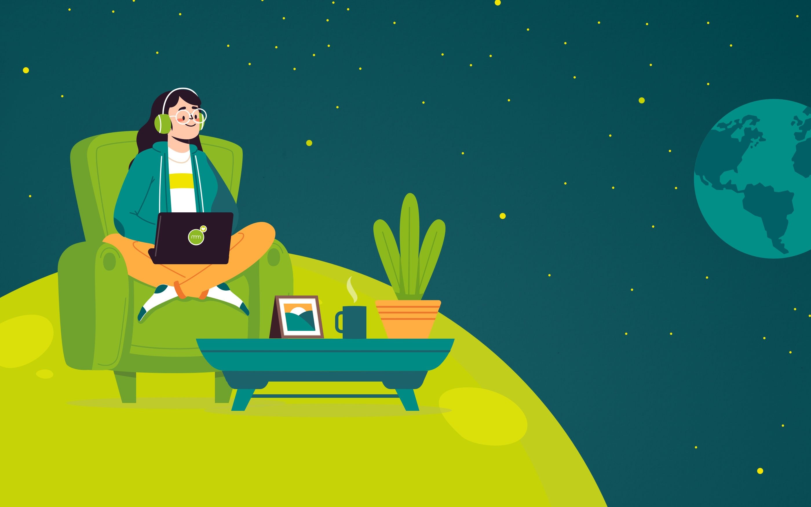 Grafik Mensch auf dem Mond im Sofa sitzend mit Laptop und Tisch.