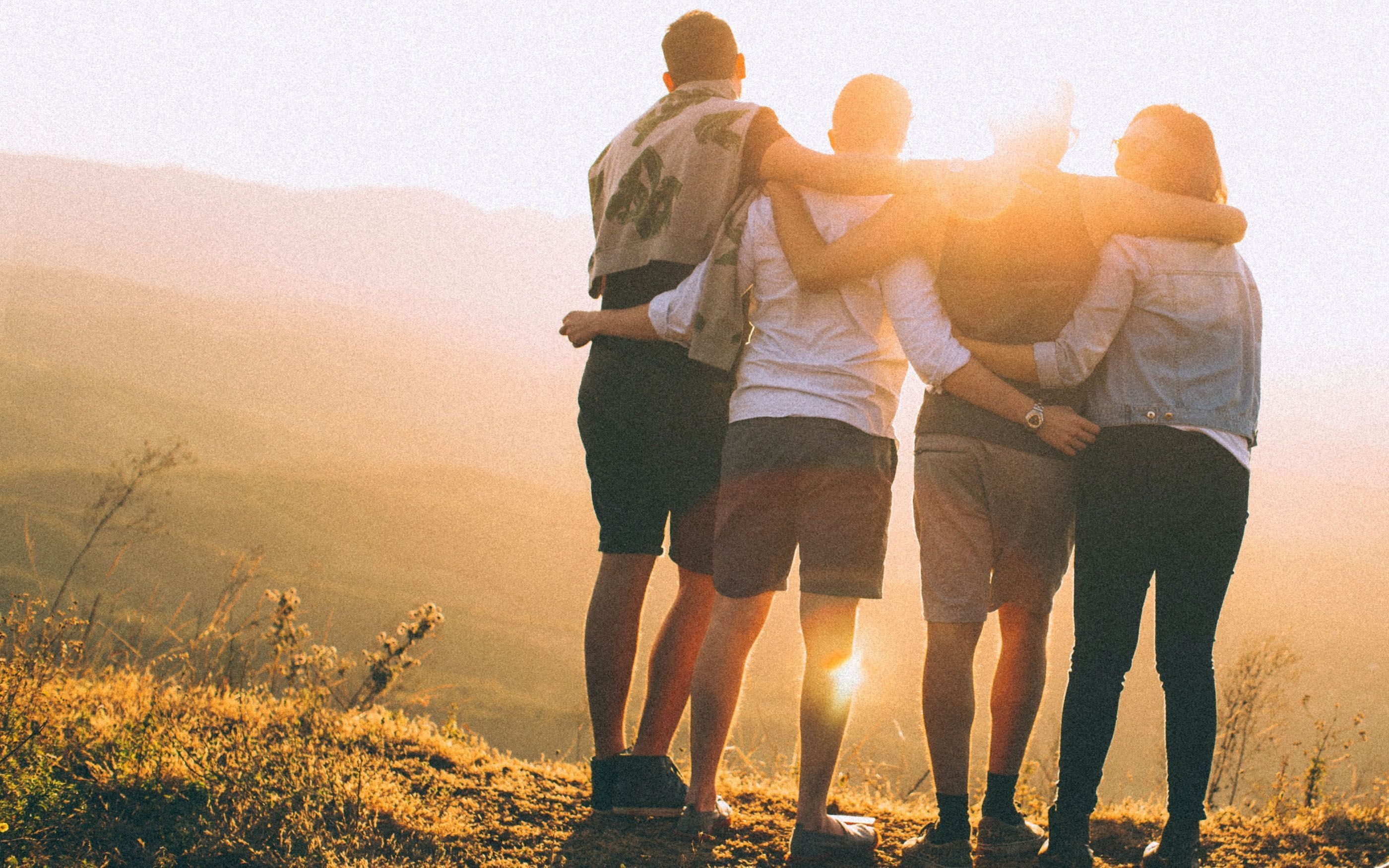 Photo of a group of people from behind in a field, photographing the sun in front of them.