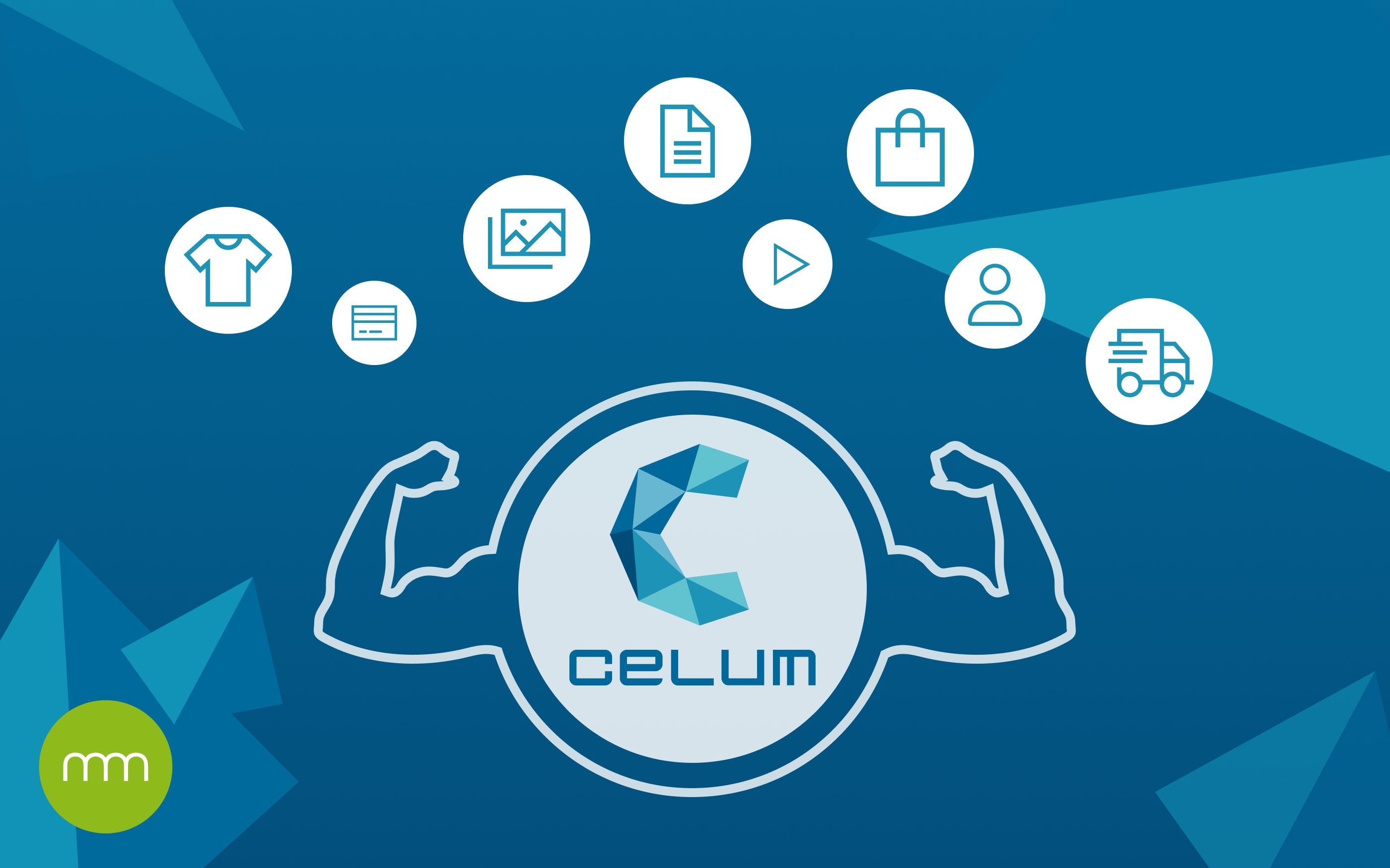 Powerful DAM system: Graphic shows the Celum logo with muscles and symbols for digital assets such as images, videos, documents, and e-commerce.