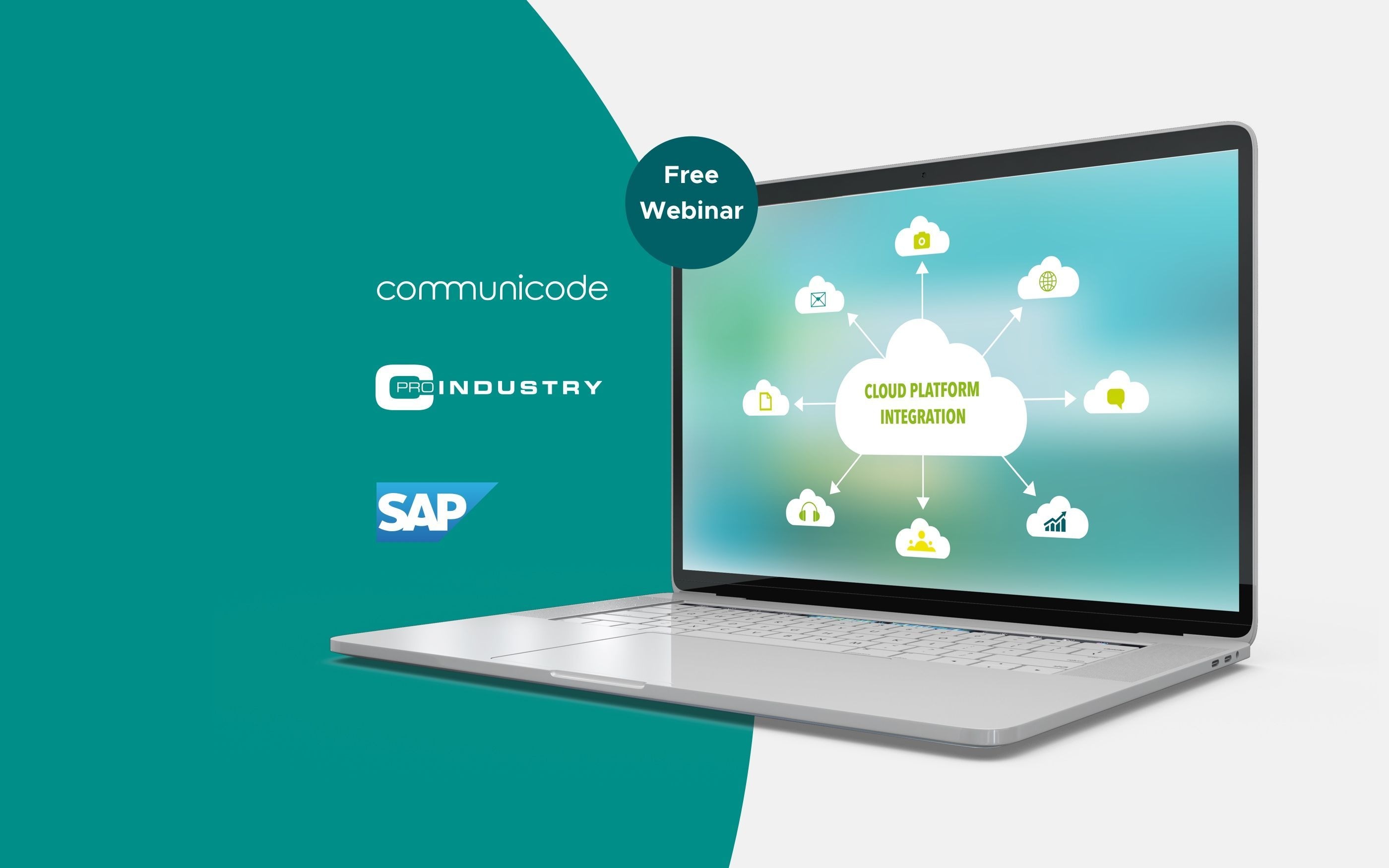 Graphic with laptop, communicode, Cpro Industrie, and SAP logo