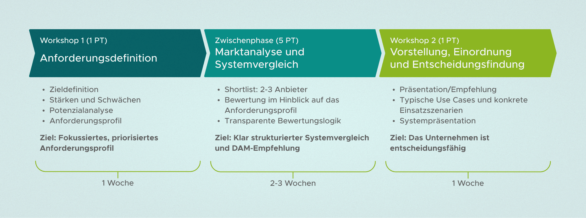 Dreiteilige Grafik zu Workshops: Anforderungsdefinition, Marktanalyse/Systemvergleich und Entscheidungsfindung. Jeder Abschnitt zeigt Ziele, Aufgaben und Dauer: 1 Woche, 2–3 Wochen, 1 Woche. Horizontal farblich getrennt dargestellt.