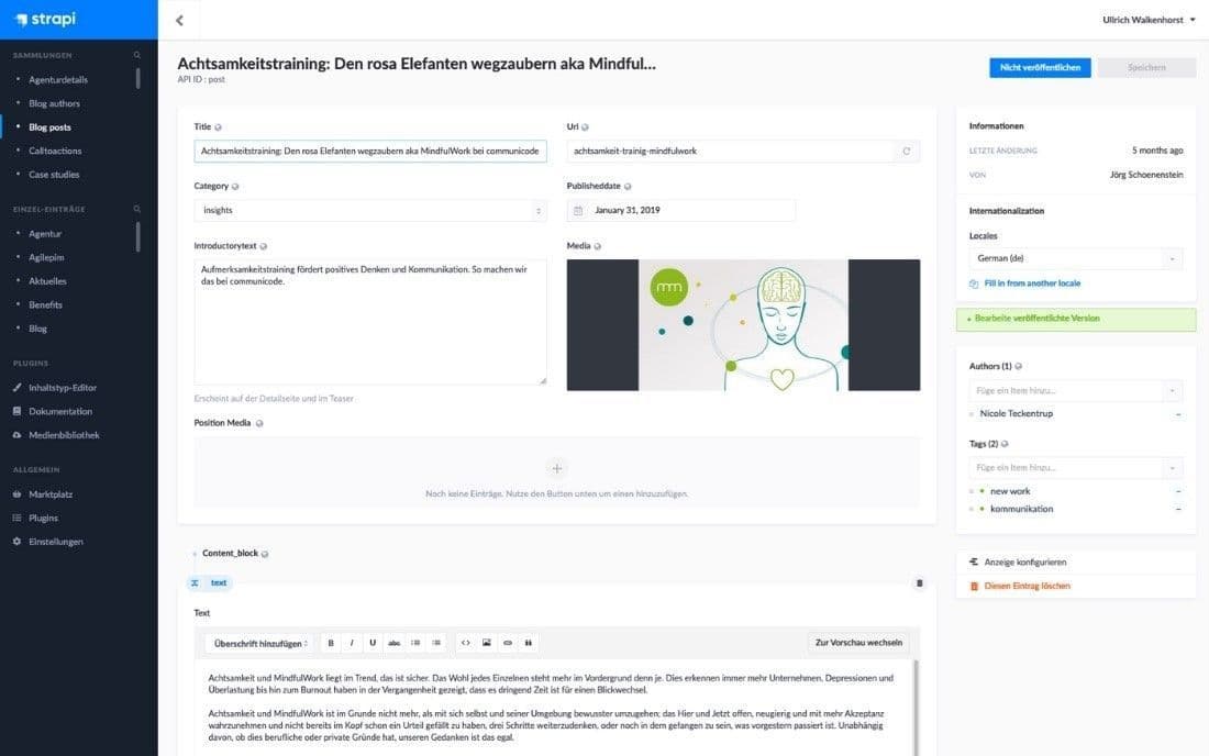 Screenshot in blog post in Strapi shows the blog post on the topic of mindfulness training