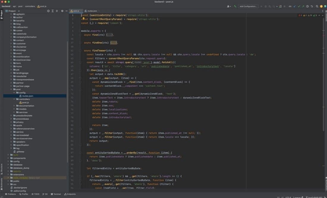 Screenshot from Strapi shows code in the backend