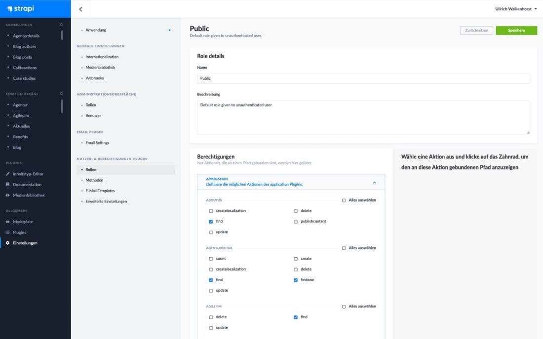Screenshot shows the input mask for roles and permissions in Strapi