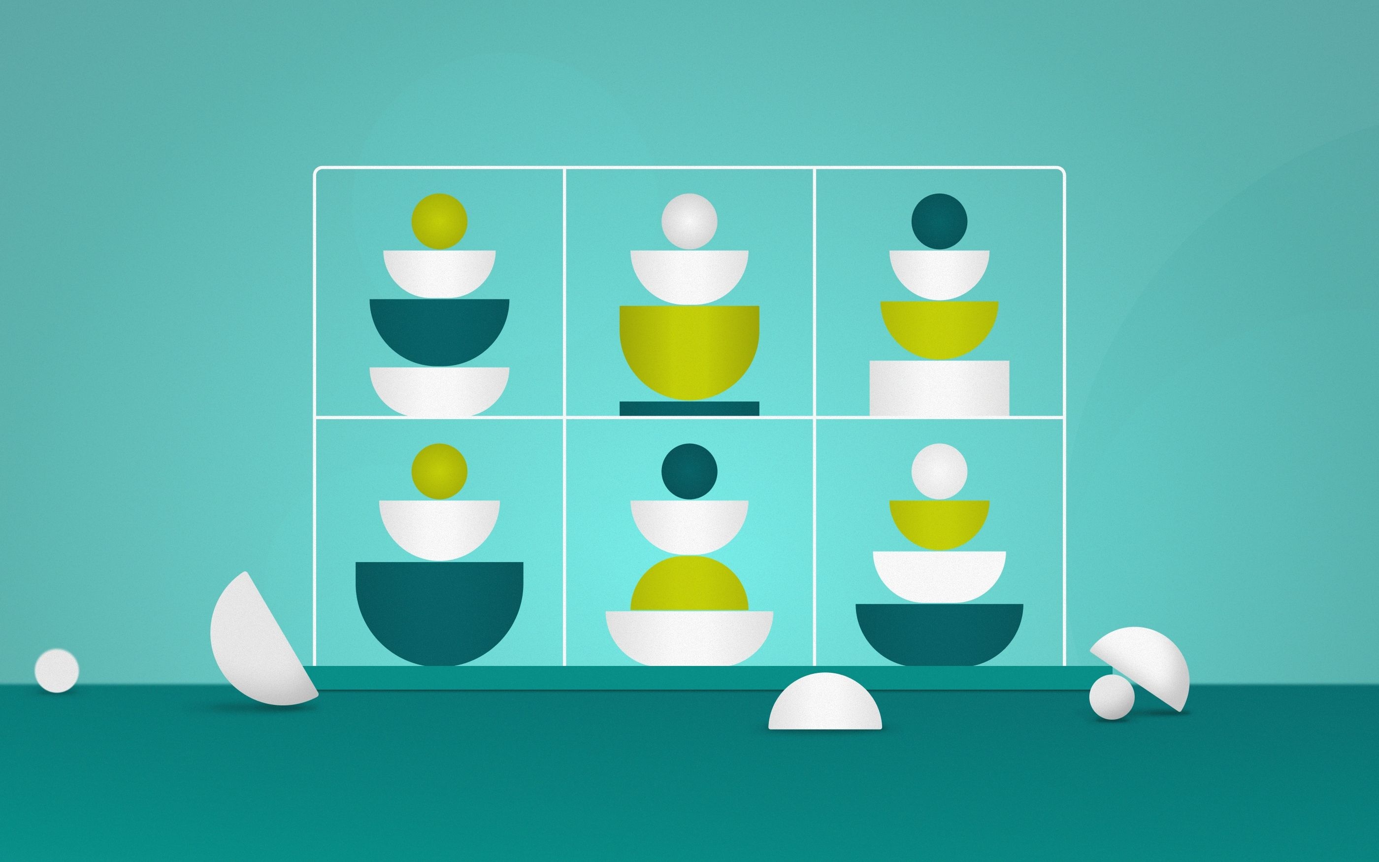 Abstract graphic with six fields in which semicircular bowls and spheres in white, green, and petrol blue are stacked symmetrically on top of each other against a turquoise background; some shapes are scattered loosely at the bottom