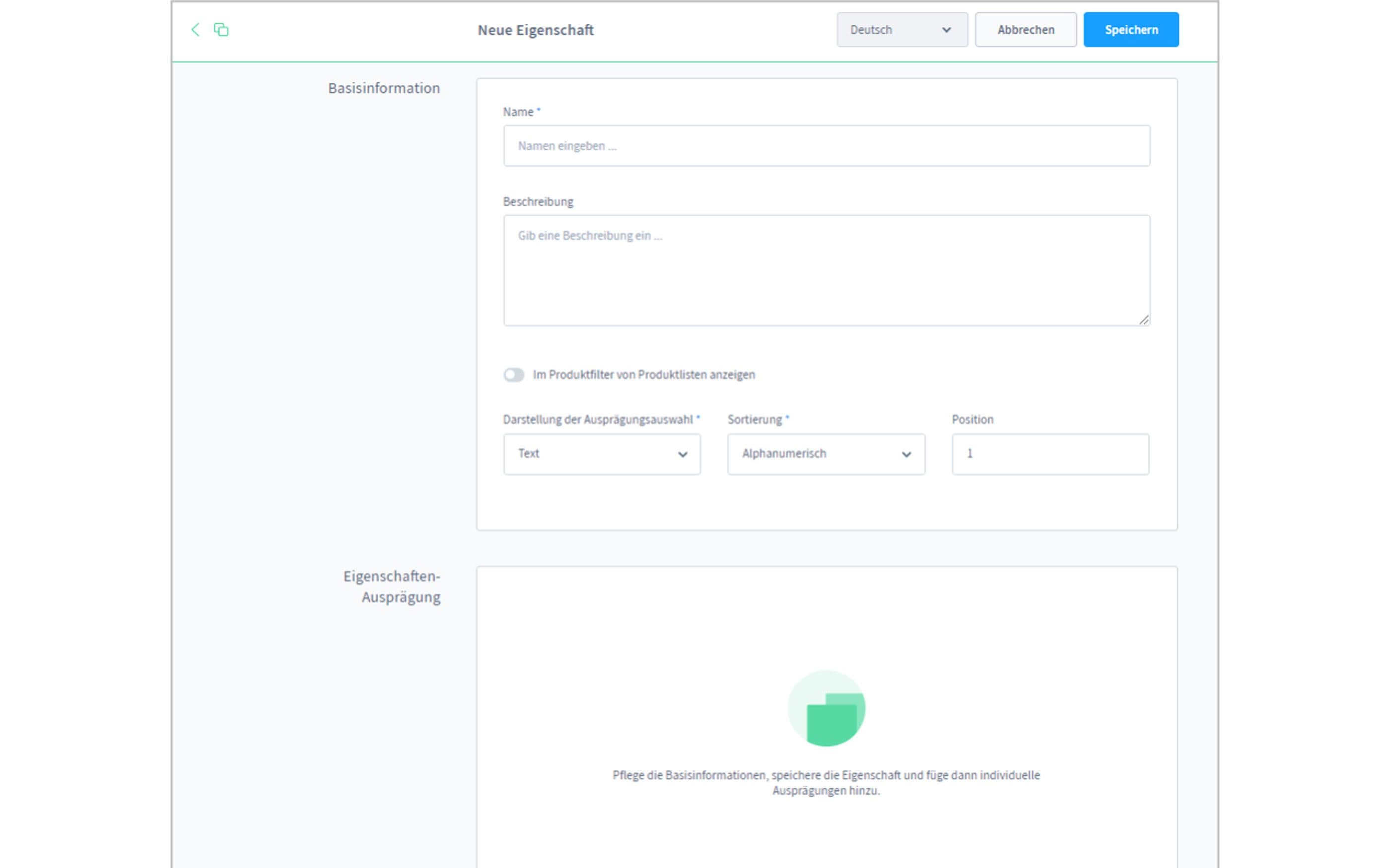 Screenshot Shopware Produkteigenschaften anlegen