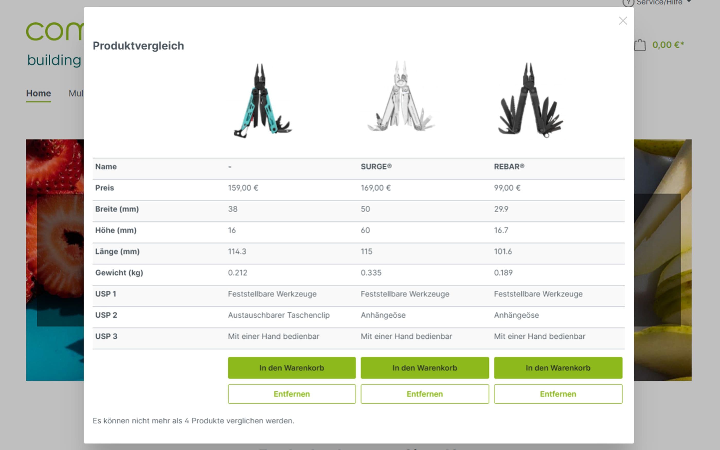 Screenshot Shopware Produktvergleich Frontend