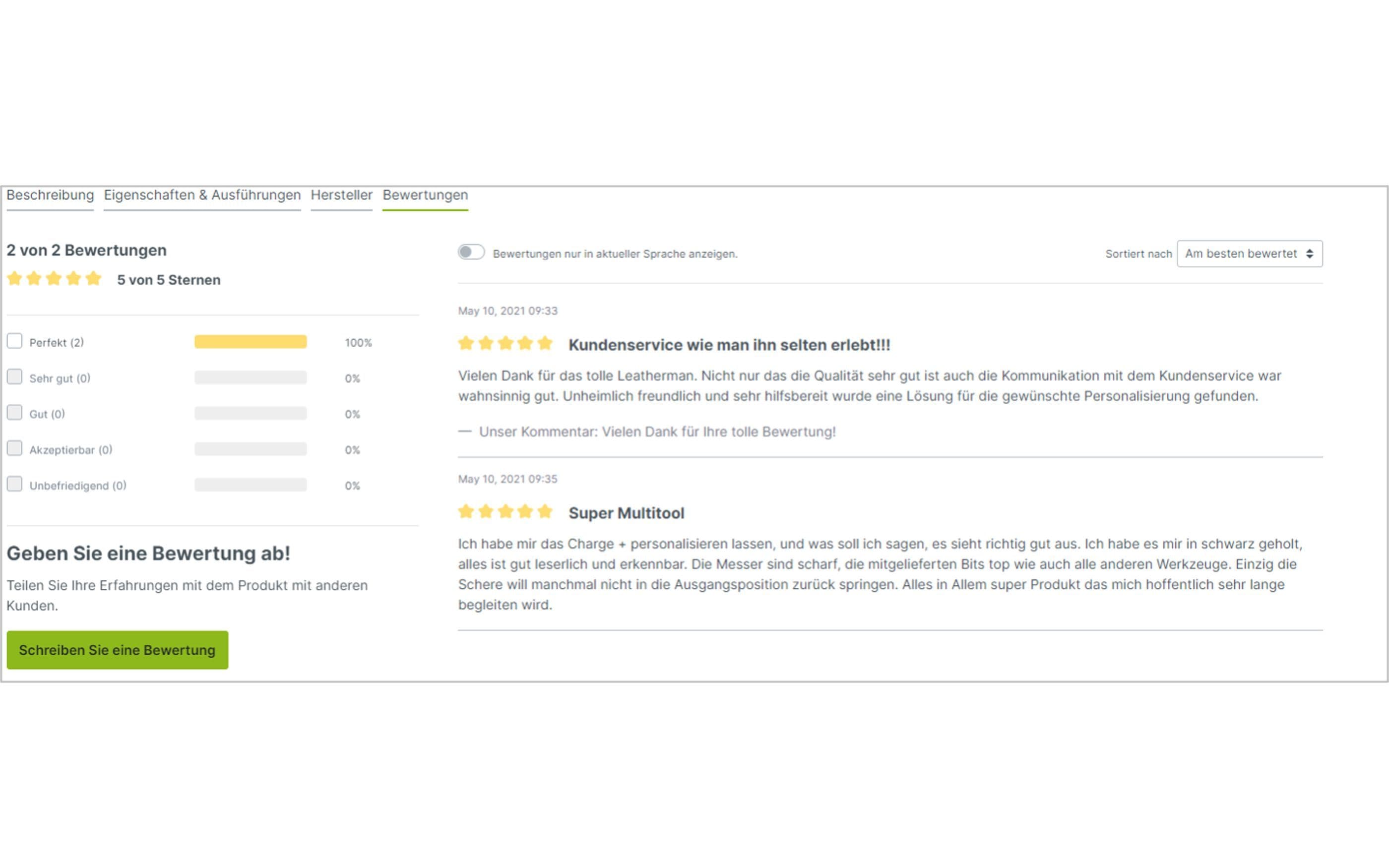 Screenshot Shopware Bewertungsfunktion