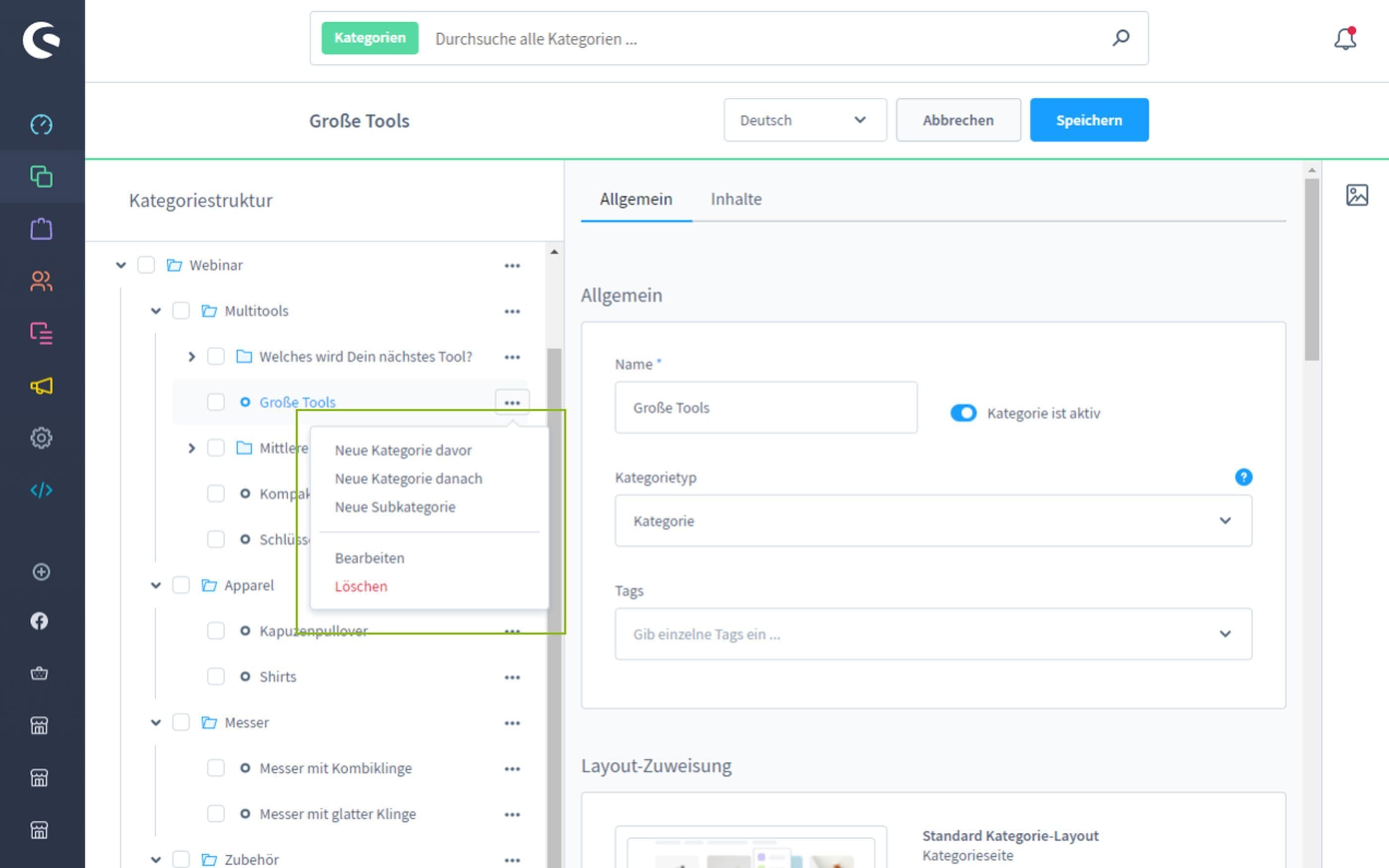 Screenshot Shopware Kategoriestruktur