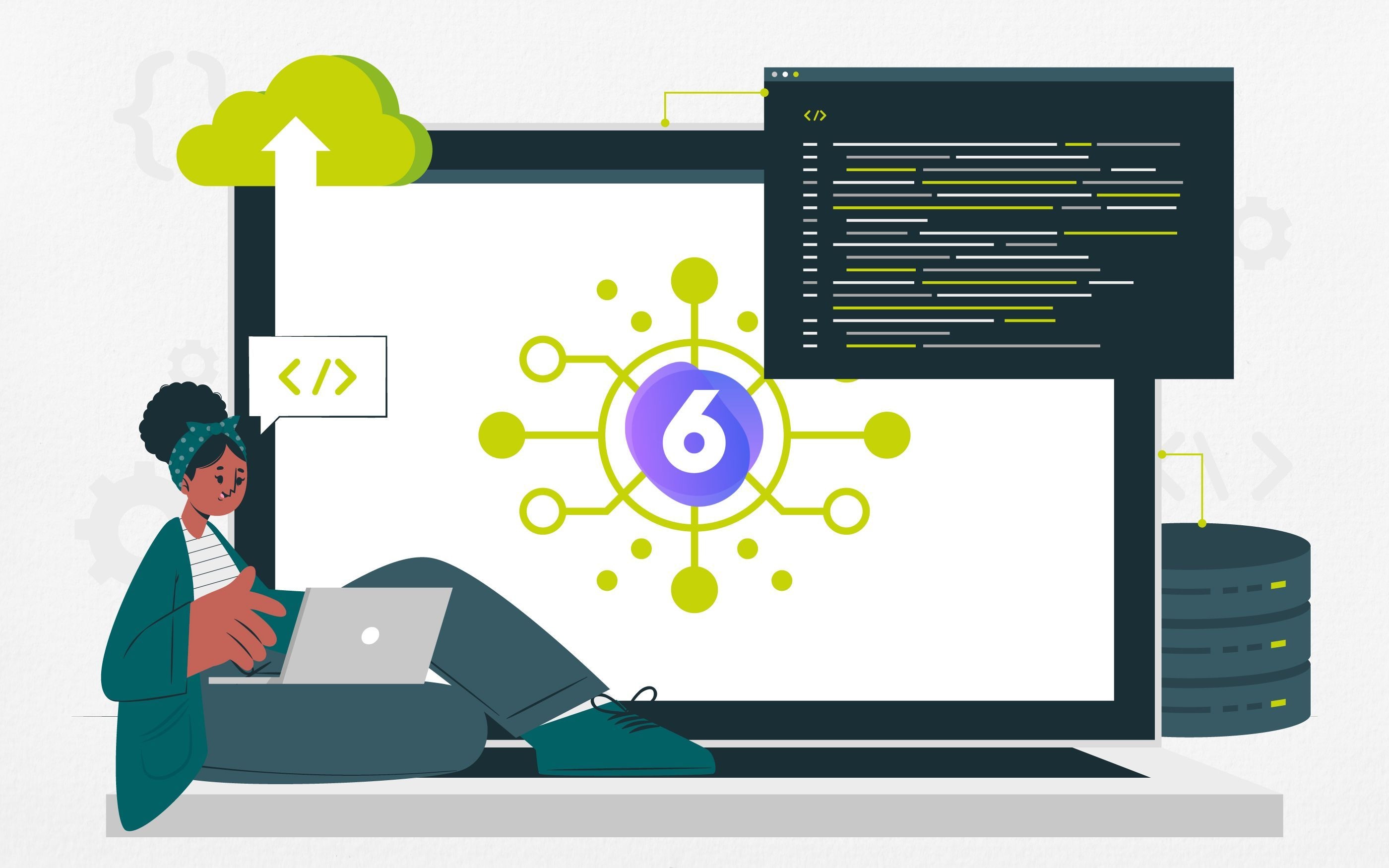 Grafik eines Laptopbildschirms, daneben sitz eine Frau mit Laptop auf dem Schoss. Auf dem Bildschirm ist die Shopware Headless Commerce Grafik zu sehen