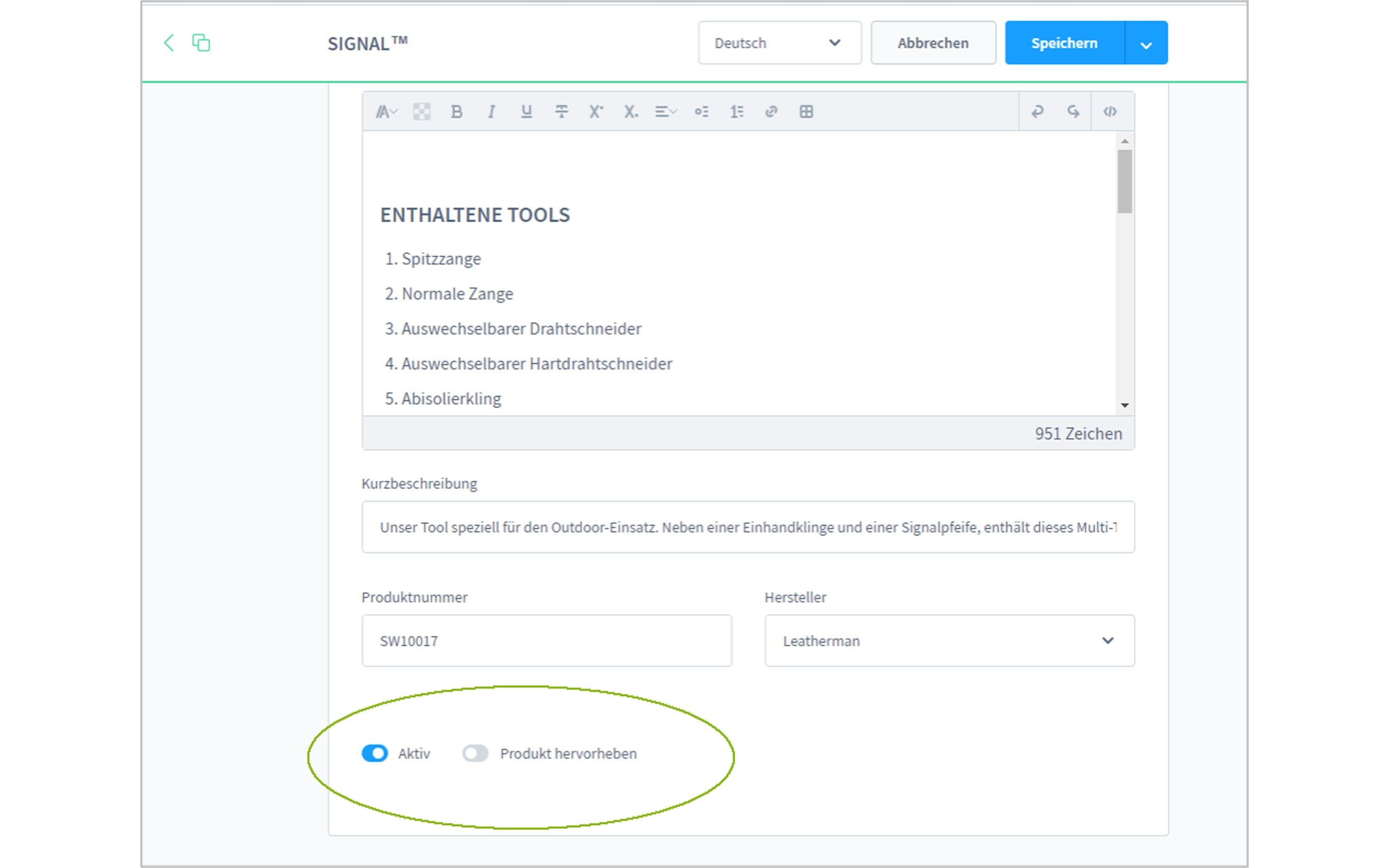 Screenshot Shopware Produkt hervorheben Backend