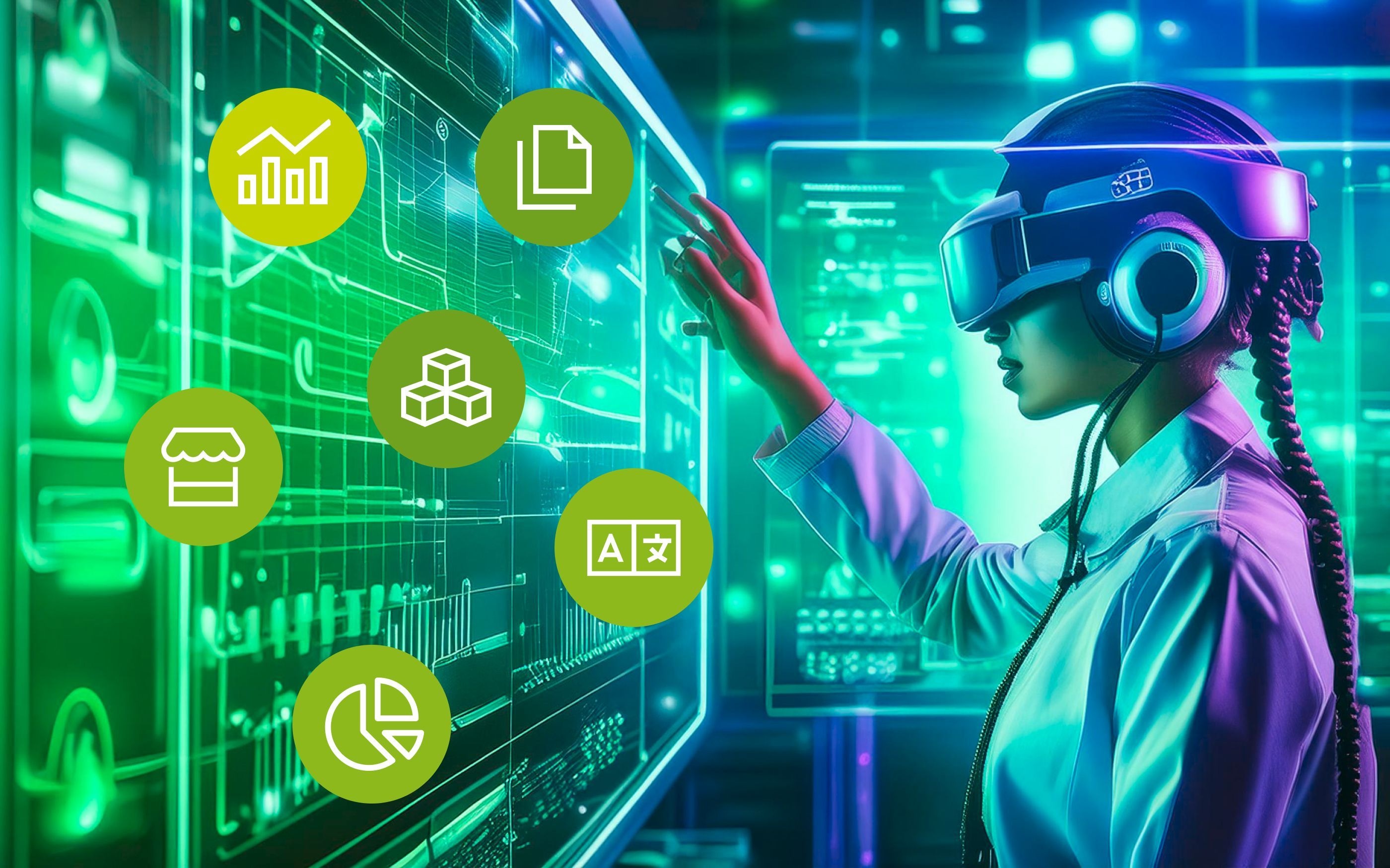 An illustration of a woman wearing VR headsets standing at a virtual whiteboard displaying e-commerce icons.