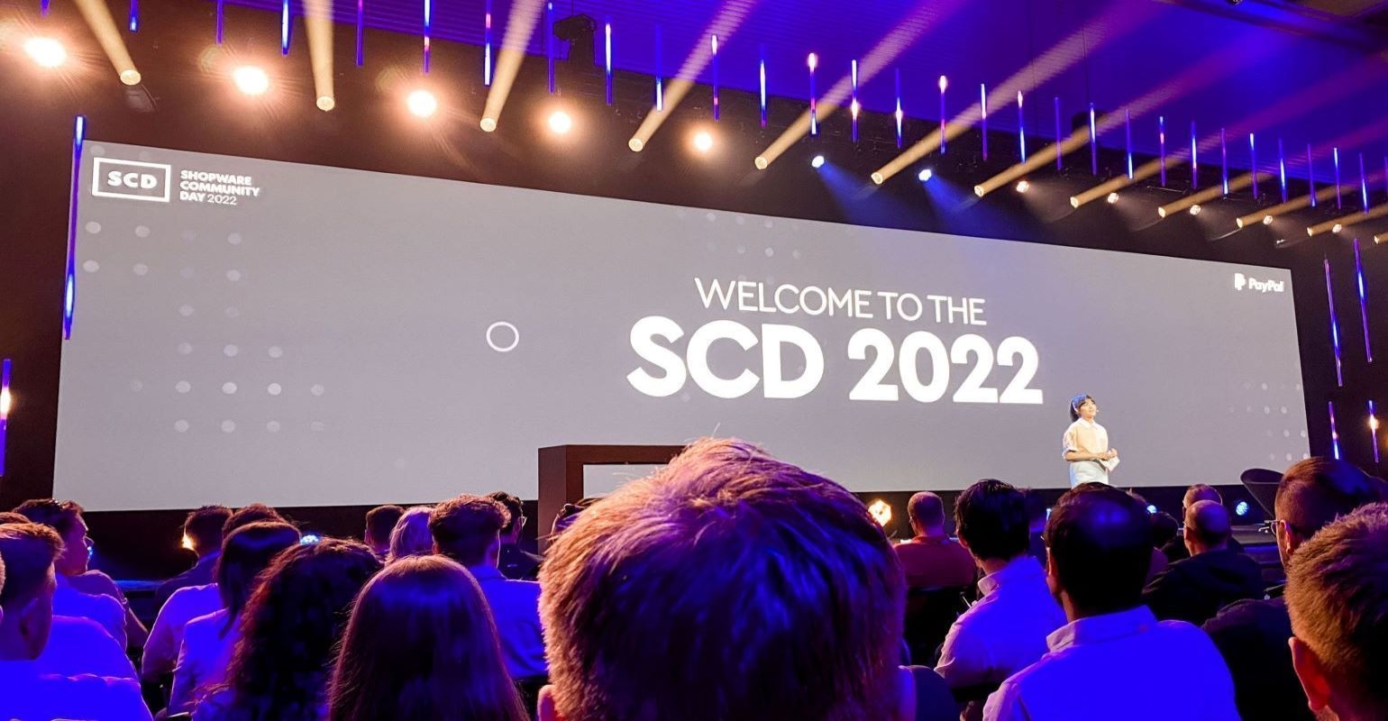 Photo of the stage with keynote from Shopware Community Day 2022