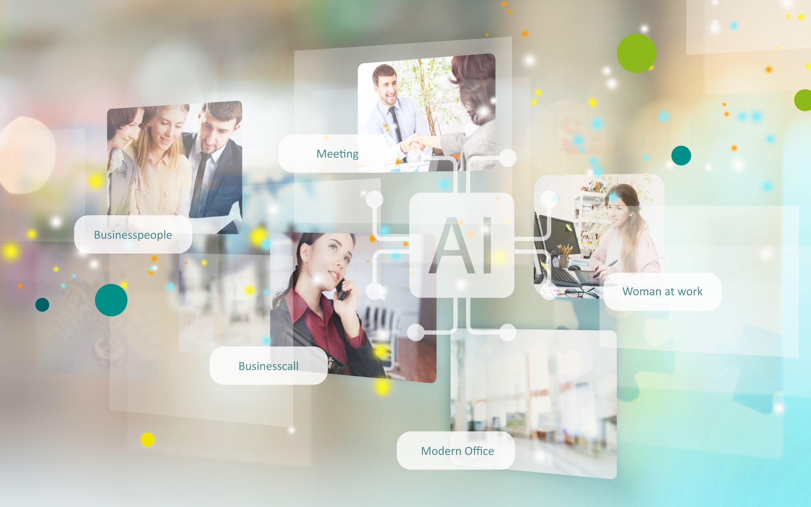 Illustration of AI-powered smart tagging: Several office and business scenes with labels such as businesspeople, meeting, business call, woman at work, and modern office, connected by a central AI symbol.
