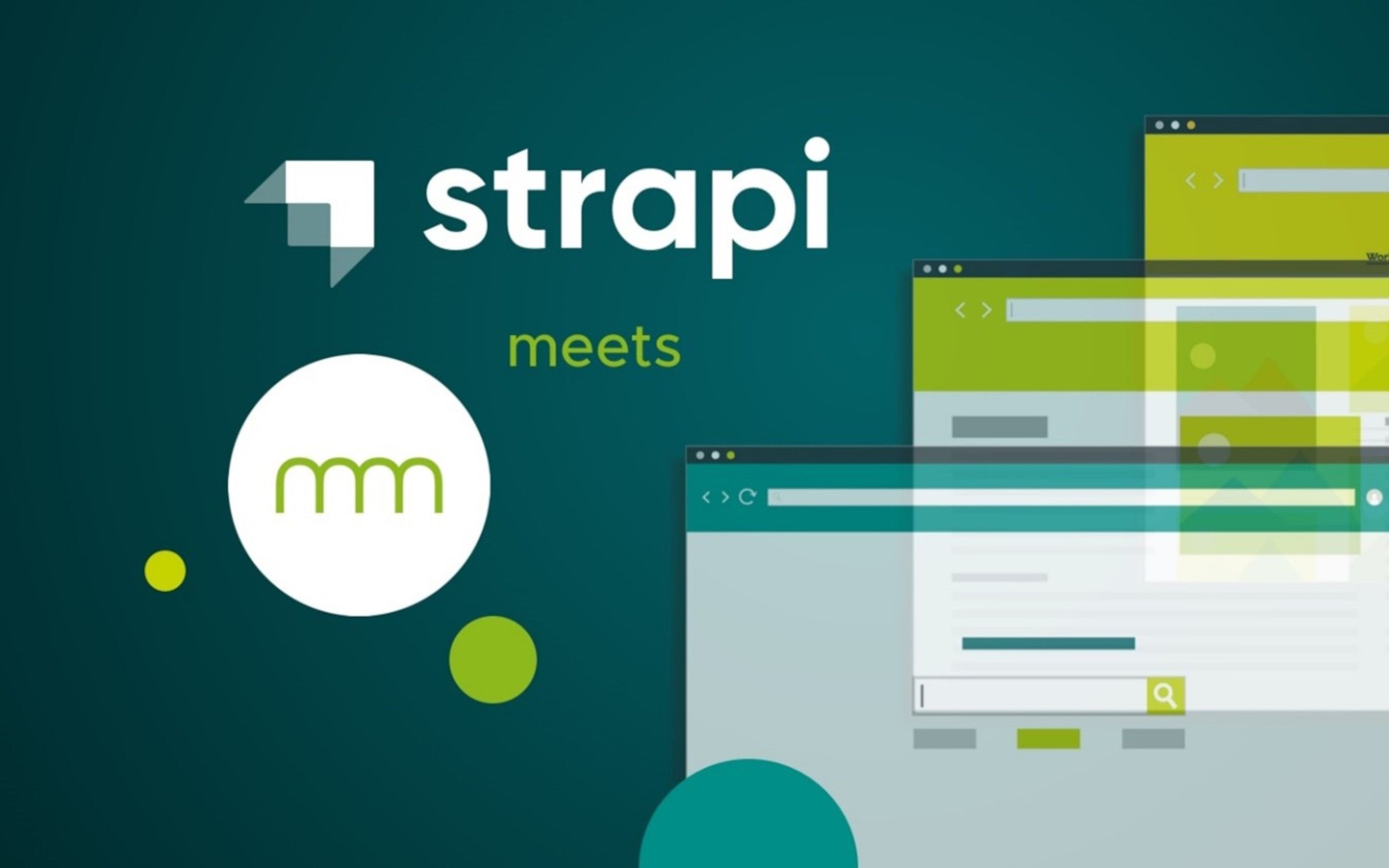 Grafik mit dem Text „strapi meets communicode" und einem grünen communicode-Logo auf weißem Kreis, vor einem türkisfarbenen Hintergrund mit stilisierten Browserfenstern – deutet auf eine technische Kooperation oder Integration hin.