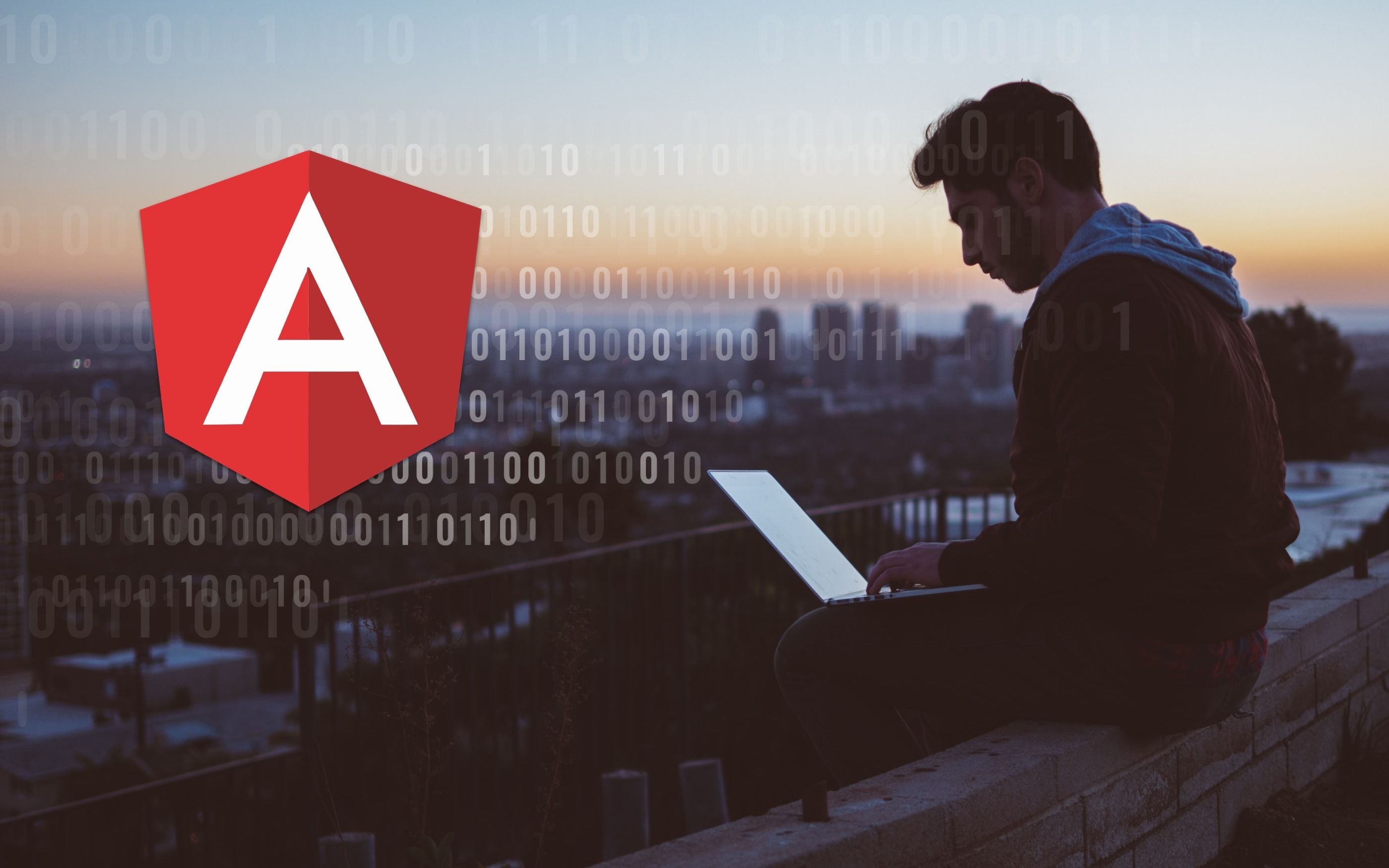 Foto mit Programmierer der bei Sonnenuntergang auf einer Mauersitzt. Im Hintergrund grafische Zahlen und das Angular Logo.