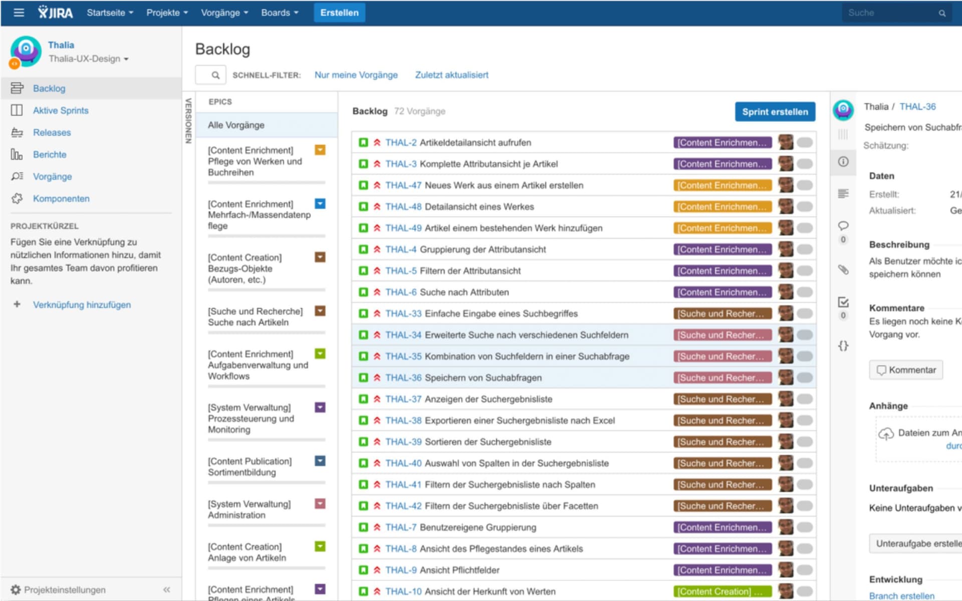 Jira-Backlog für Thalia-UX-Design mit Aufgabenliste in der Mitte, farbigen Labels für Epics und Detailbereich rechts für Aufgabe „THAL-36 Speichern von Suchabfragen“. Links Navigationsmenü mit Optionen wie Backlog und Sprints.