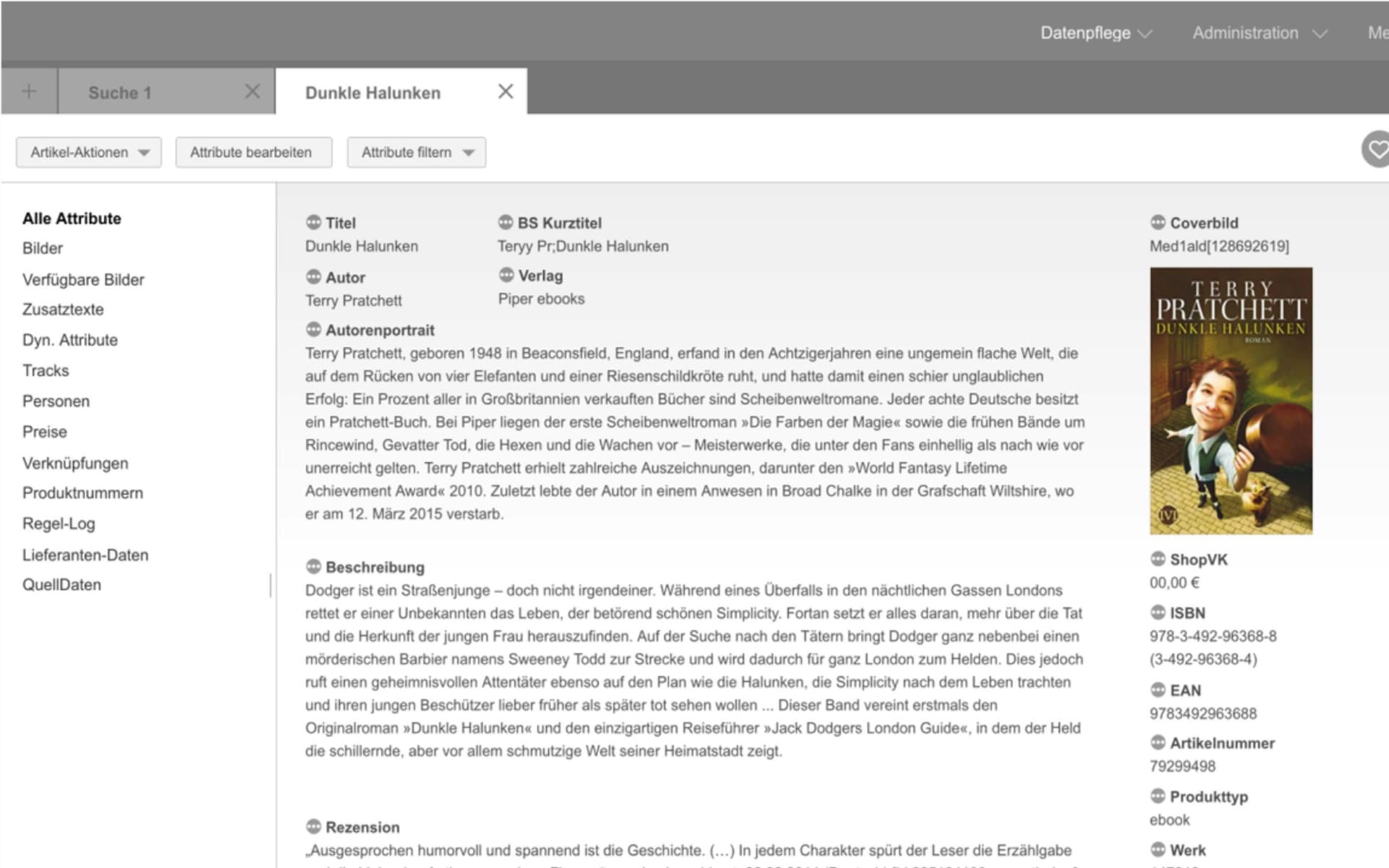 Thalia-Datenpflege-Ansicht für das Buch „Dunkle Halunken“ von Terry Pratchett. Links Attributliste, in der Mitte Titel, Autor, Verlag, Beschreibung und Rezension, rechts Buchcover sowie ISBN- und Preisinformationen.
