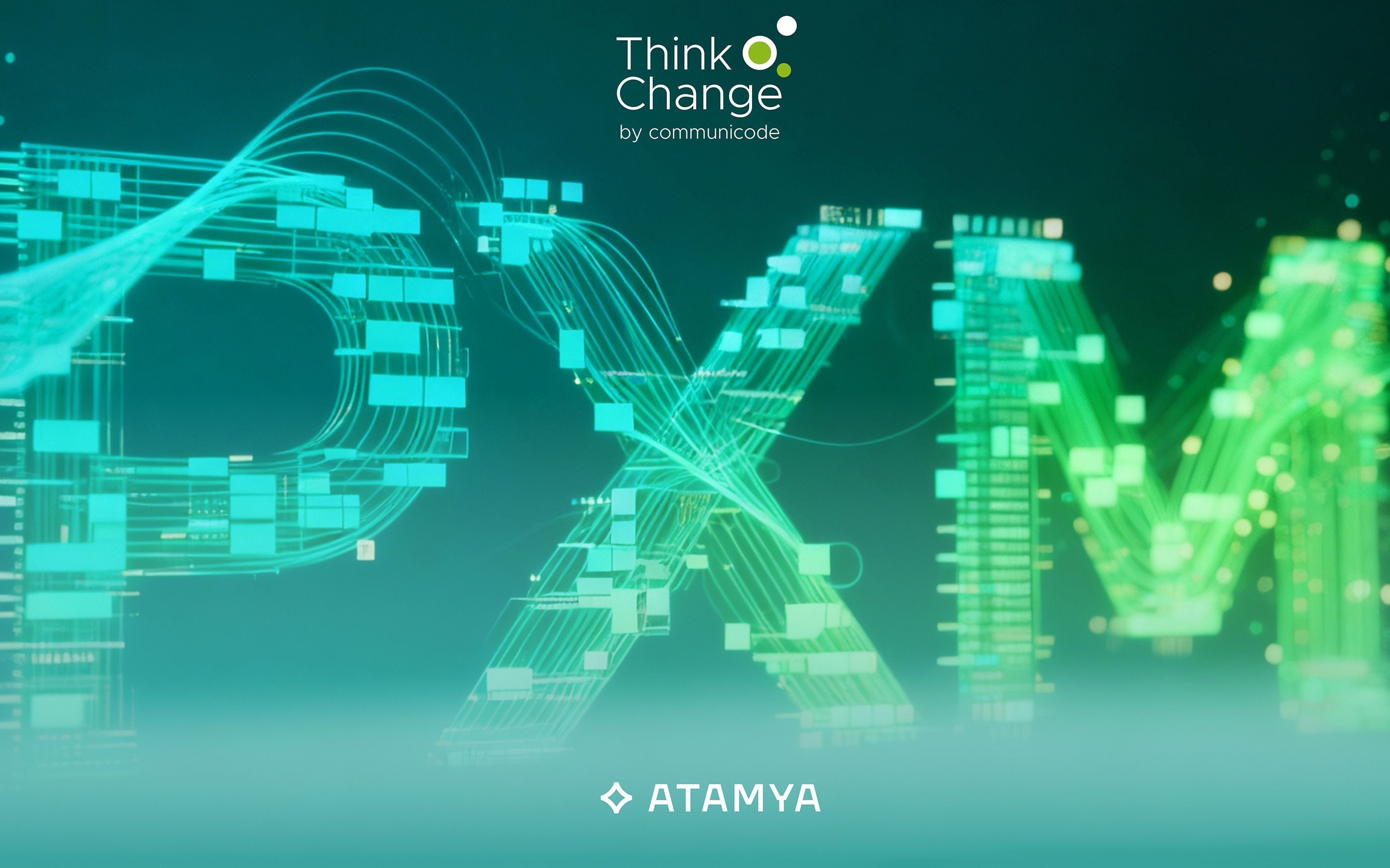 Digital illustration with green lettering PXM, surrounded by abstract data and network elements; logo ‘Think Change by communicode’ at the top, lettering ‘ATAMYA’ at the bottom.