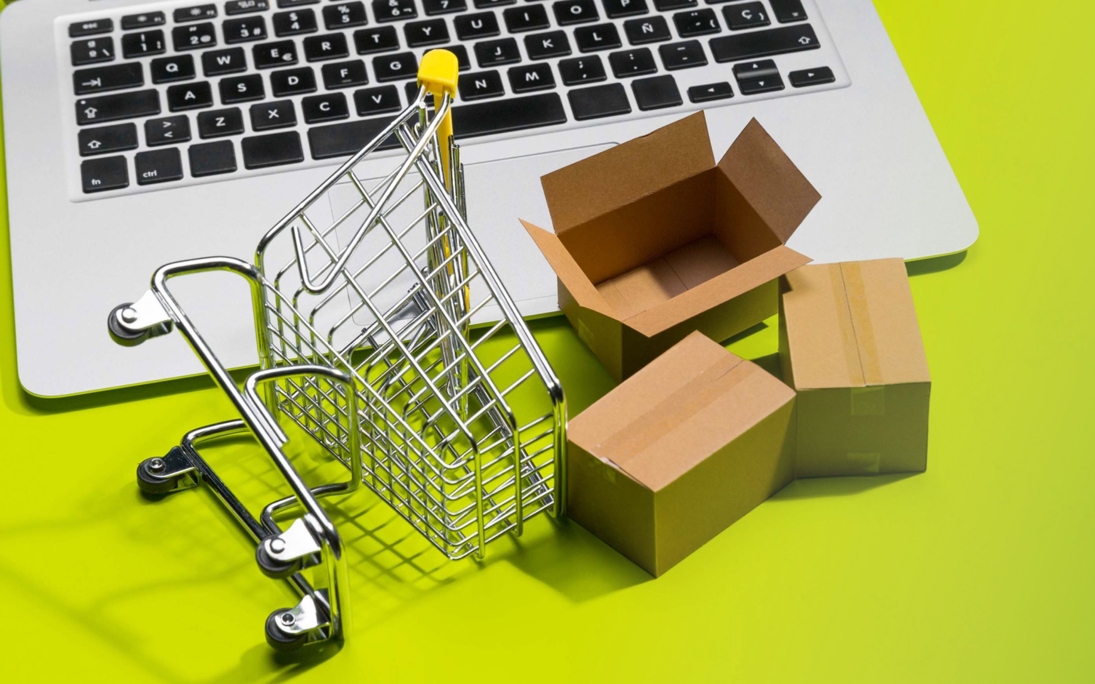 Laptop auf grünem Grund mit Einkaufswagen und Versand-Kisten