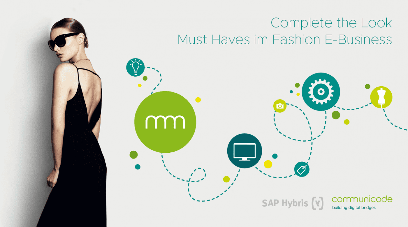 Grafik mit Abbildung Frau im schwarzem Kleid und communicode Symbolen