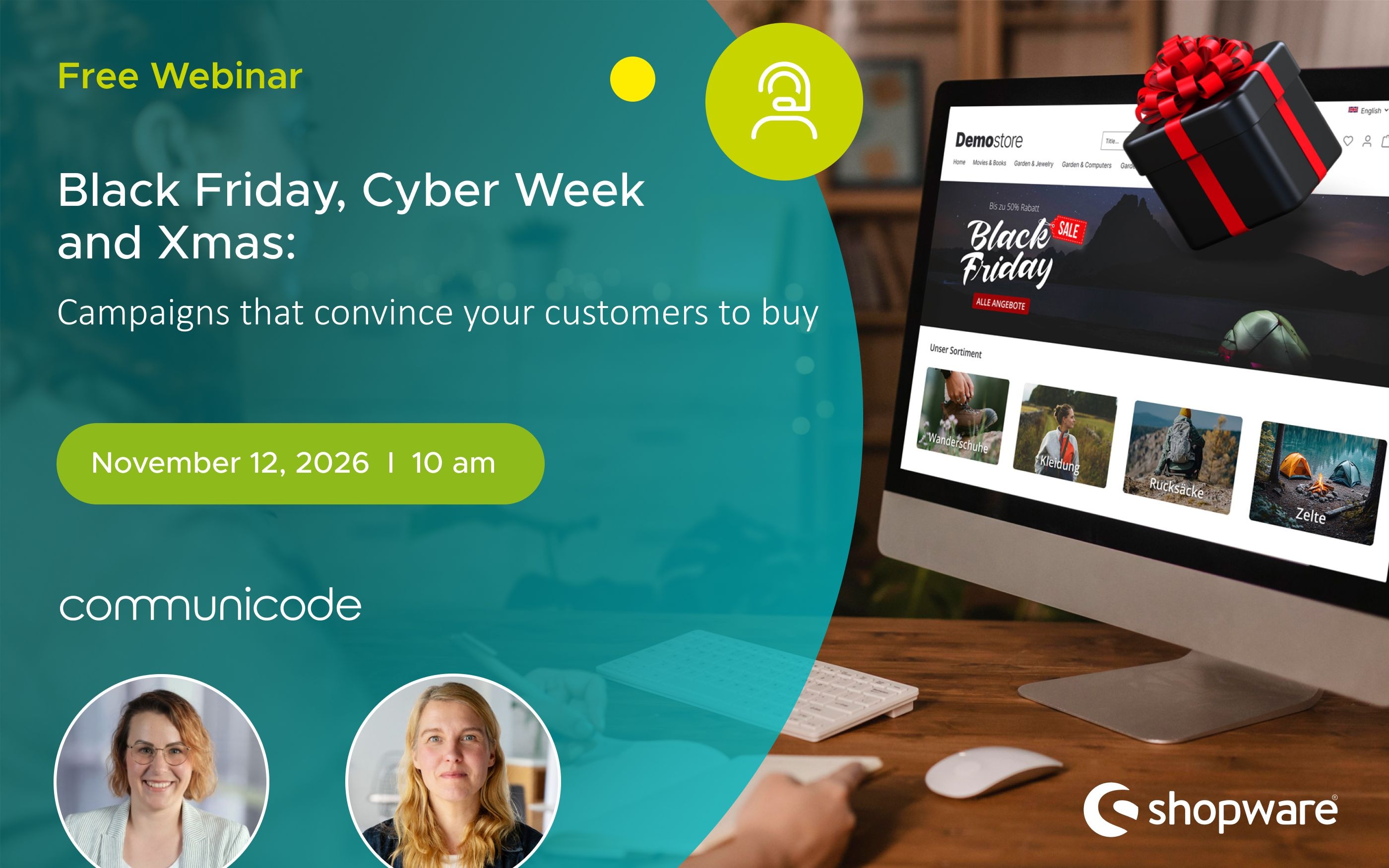 Promotional graphic for a free webinar hosted by communicode and Shopware on the topic “Black Friday, Cyber Week, and Christmas: Campaigns That Drive Your Customers to Buy.” Date: November 12, 2026, 10:00 a.m. On the right is a monitor displaying a Shopware online store with a Black Friday banner; above it is a gift icon. Two photos of the speakers are shown at the bottom.