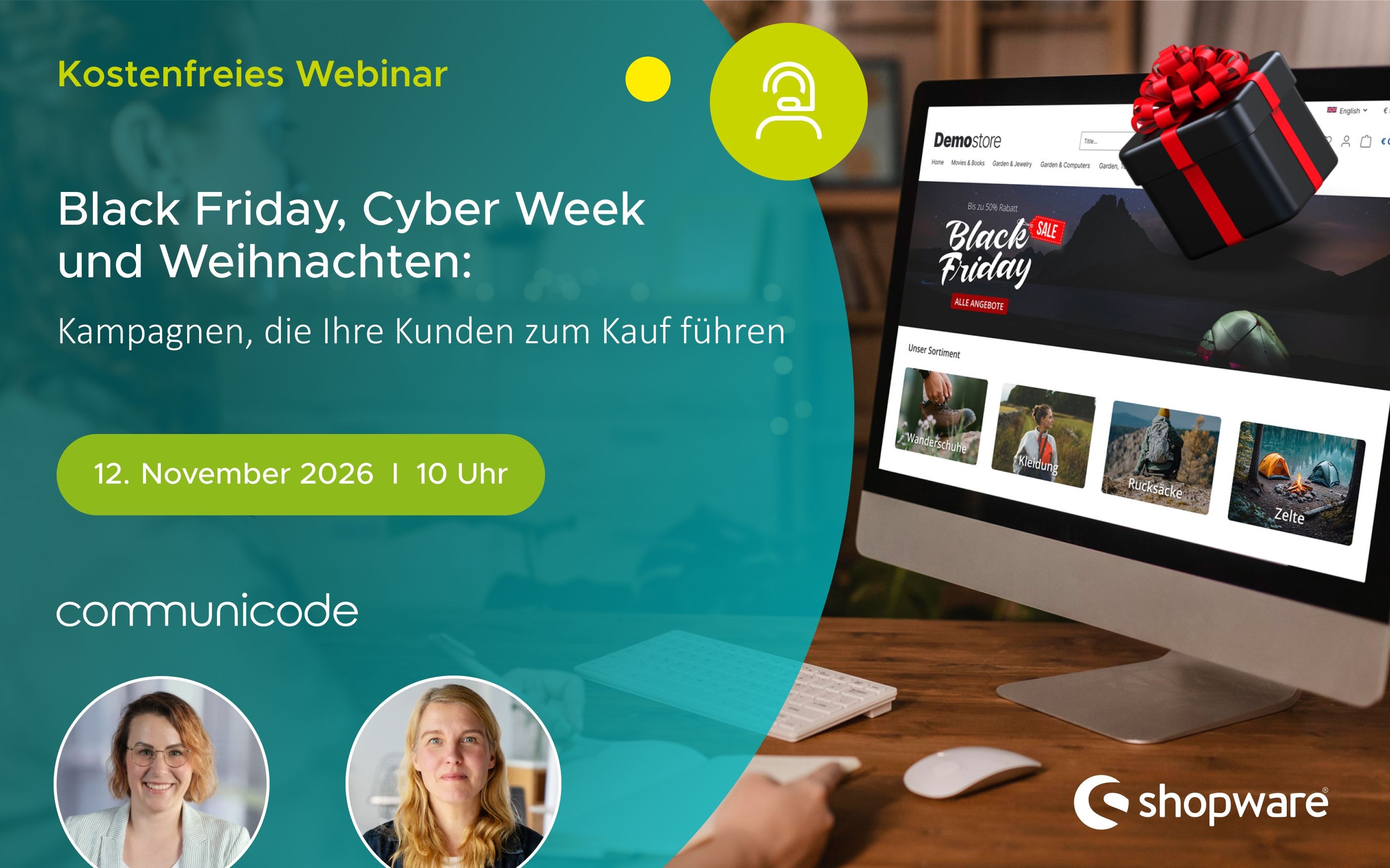 Werbegrafik für ein kostenloses Webinar von communicode und Shopware zum Thema „Black Friday, Cyber Week und Weihnachten: Kampagnen, die Ihre Kunden zum Kauf animieren“. Termin: 12. November 2026, 10:00 Uhr. Rechts ist ein Monitor zu sehen, auf dem ein Shopware-Onlineshop mit einem Black-Friday-Banner angezeigt wird; darüber befindet sich ein Geschenksymbol. Unten sind zwei Fotos der Referenten zu sehen.